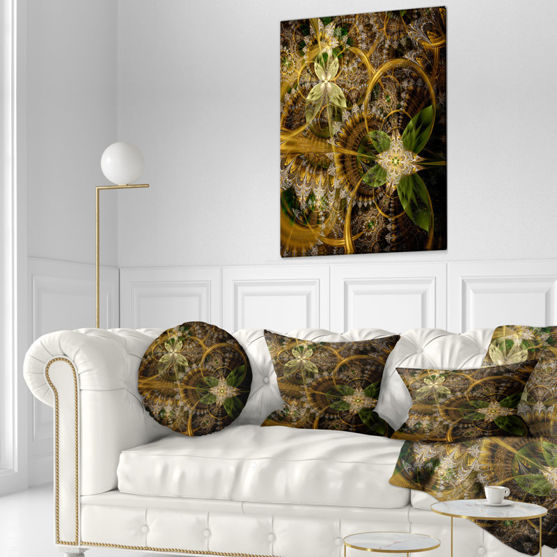 Green Gold Digital Art Fractal Flower - Floral Printed Throw Pillow, Rectangular, 12” x 20”