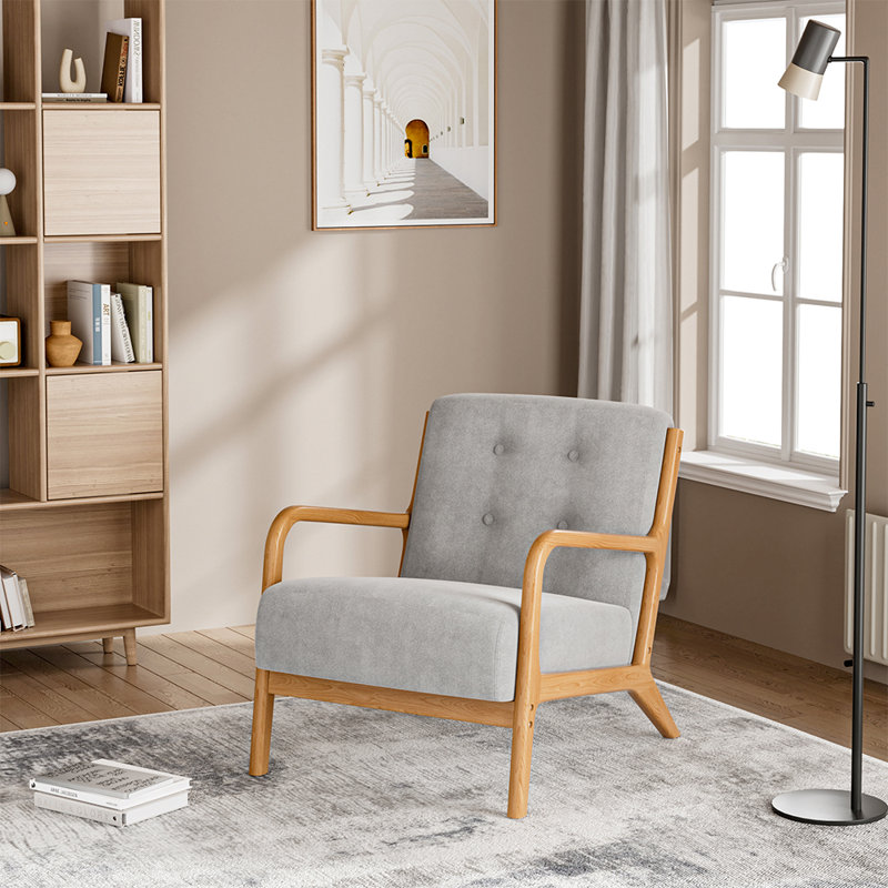 Croix Solid Wooden Frame Upholstered Tufted Armchair, Oak