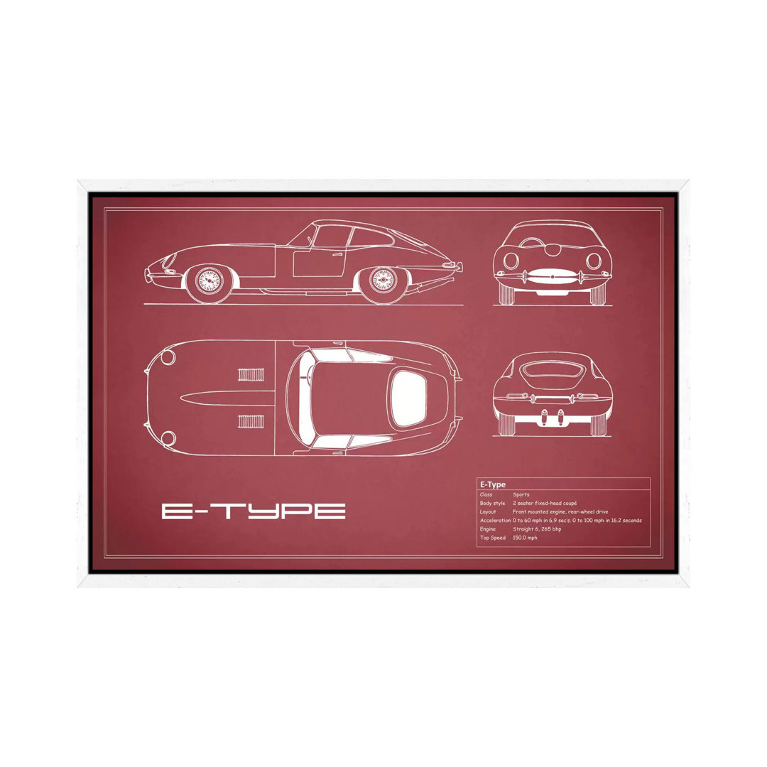 Jaguar E-Type Series 1 Coupe (Maroon) von Mark Rogan - Galerie-verpackte Leinwand Giclée auf Leinwand