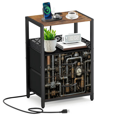 Table de chevet rustique à 2 tiroirs en tissu avec station de charge Tuyaux industriels Steampunk