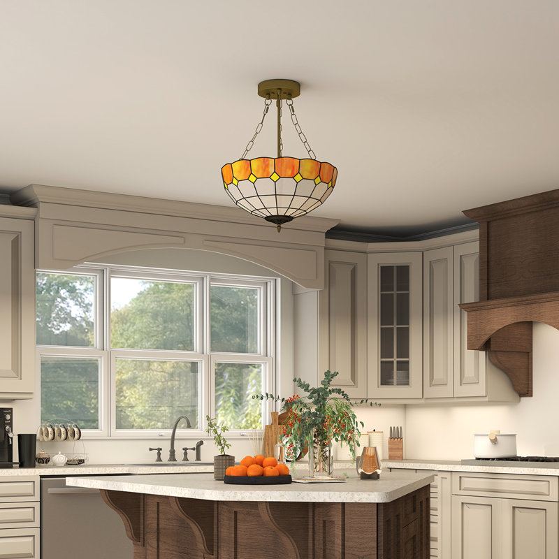 Tiffany Glass Flush Mount, White/Orange