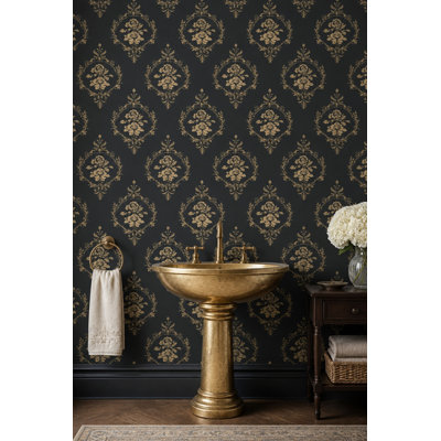 Papier peint damassé noir et or amovible à motif floral, rouleau double