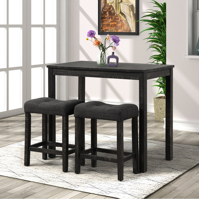 Table de salle à manger 3 tabourets gris avec sièges profilés et table en bois d'hévéa