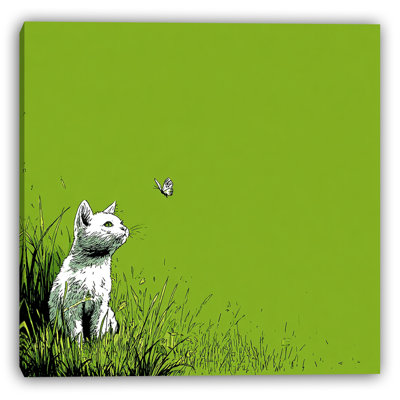 Chat et papillon dans un pré I, art mural sur toile tendue
