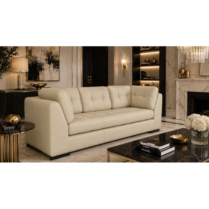 Canapé à accoudoirs en cuir véritable de 100 po Rameek, Ivory