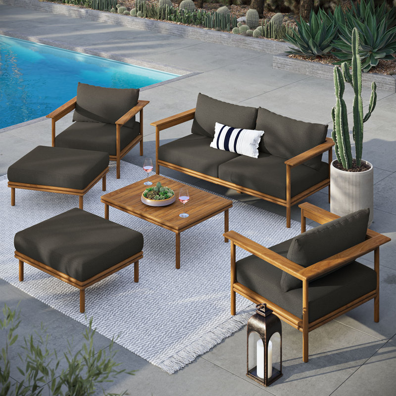 Wren 6-Piece Outdoor Patio Teak Wood Furniture Set In Natural, Flint Gray