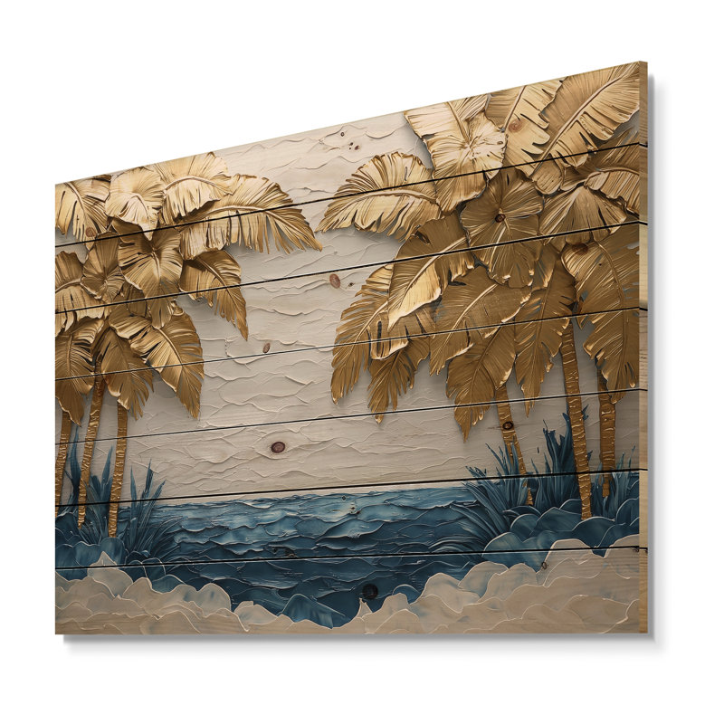 «Golden Aqua Palms On The Beach II», art mural bois de palmiers et de palmiers - sur bois de pin naturel