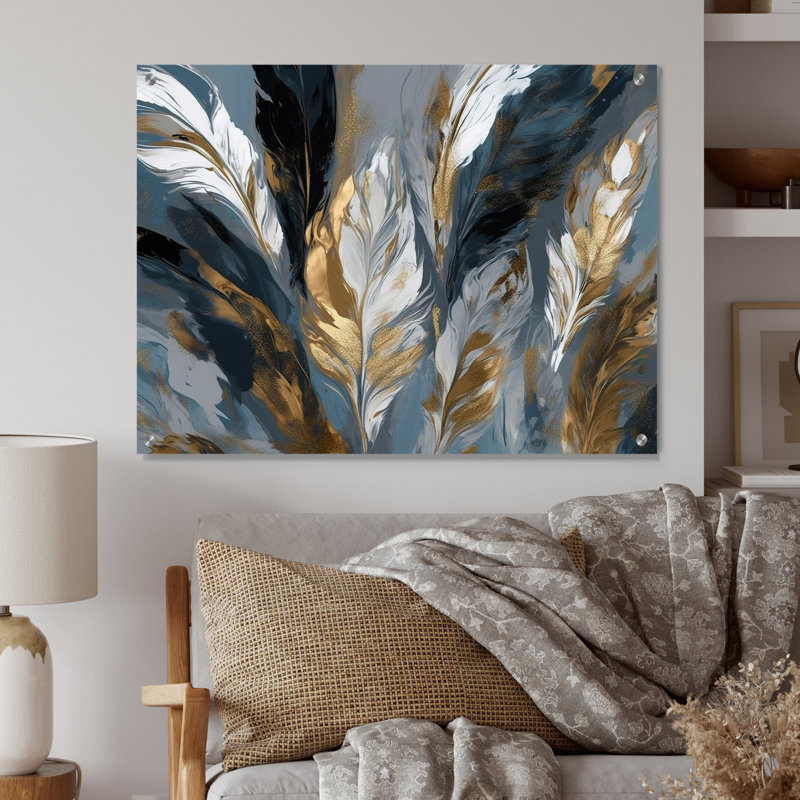 Impressions dorées et grises de l'énergie bohémienne I - art mural en acrylique plume bohème pour la cuisine