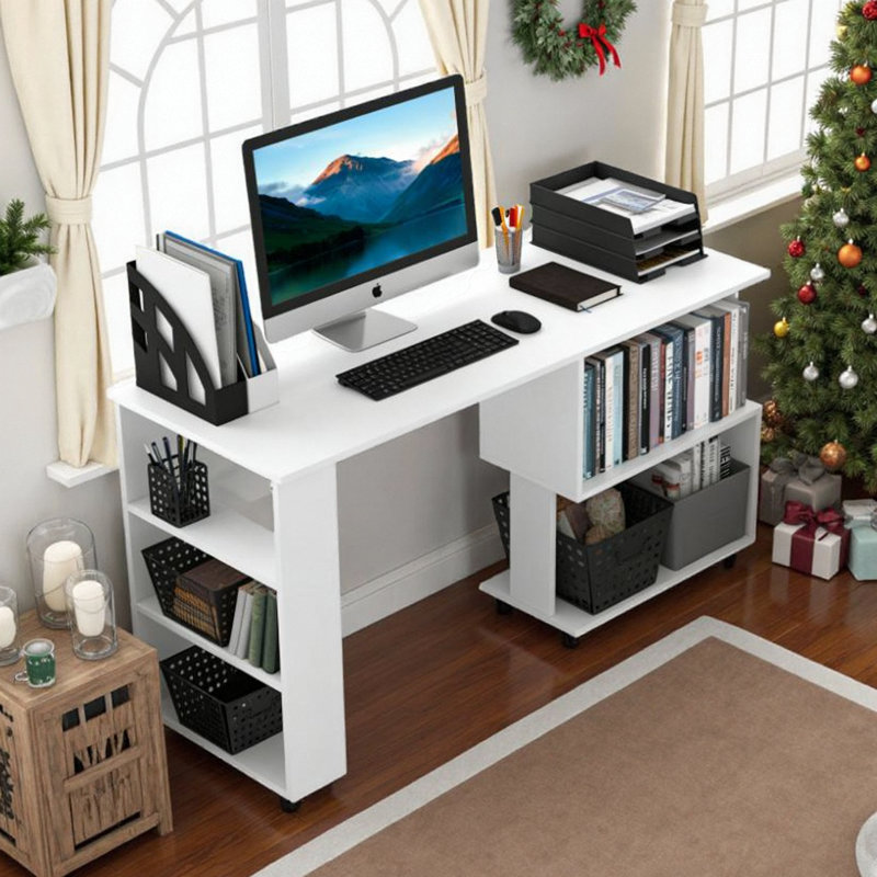 Bureau en coin pivotant à 360 ° en L avec tablettes - blanc, Blanc