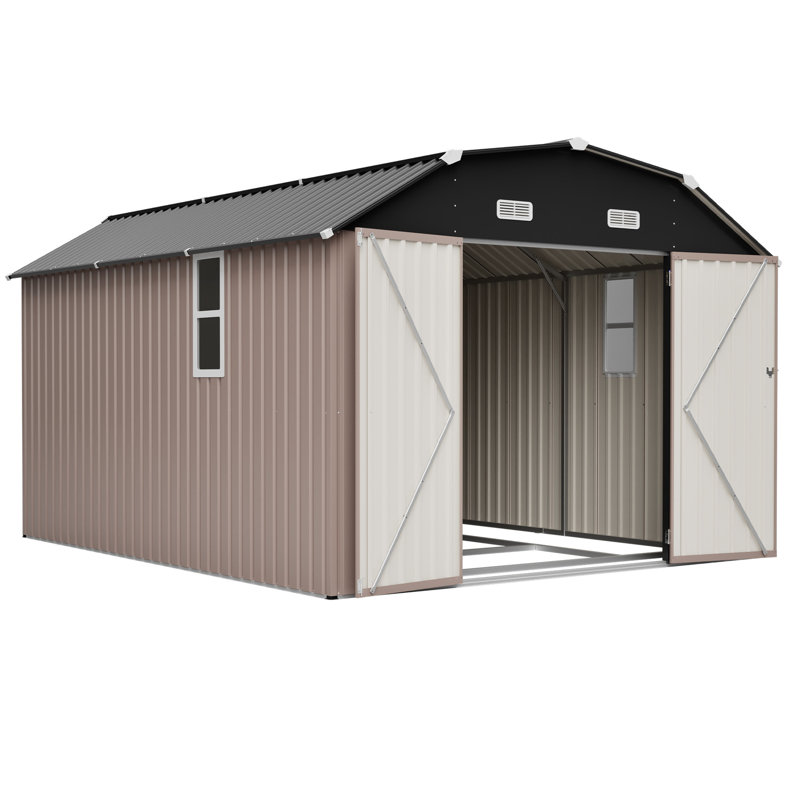 Remise de rangement extérieure en acier galvanisé brun de 1012 pi avec cadre de plancher pour une utilisation intensive, avec construction résistante aux intempéries, grande ouverture de porte, fenêtres transparentes, loquet et évents pour une chaleur efficace