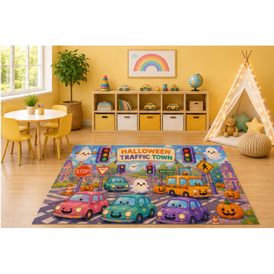 5' x 7' Halloween Traffic Town Kids Area Rug, Cute Ghost Cars Road Signs Cartoon Playroom Nursery Bedroom Classroom Decor, Non-Slip Silicone Backing Low Pile