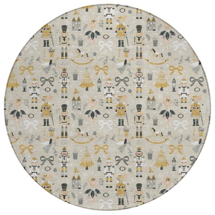 Machine Washable Indoor/Outdoor Christmas Nutcracker Xhevrie Beige Rug