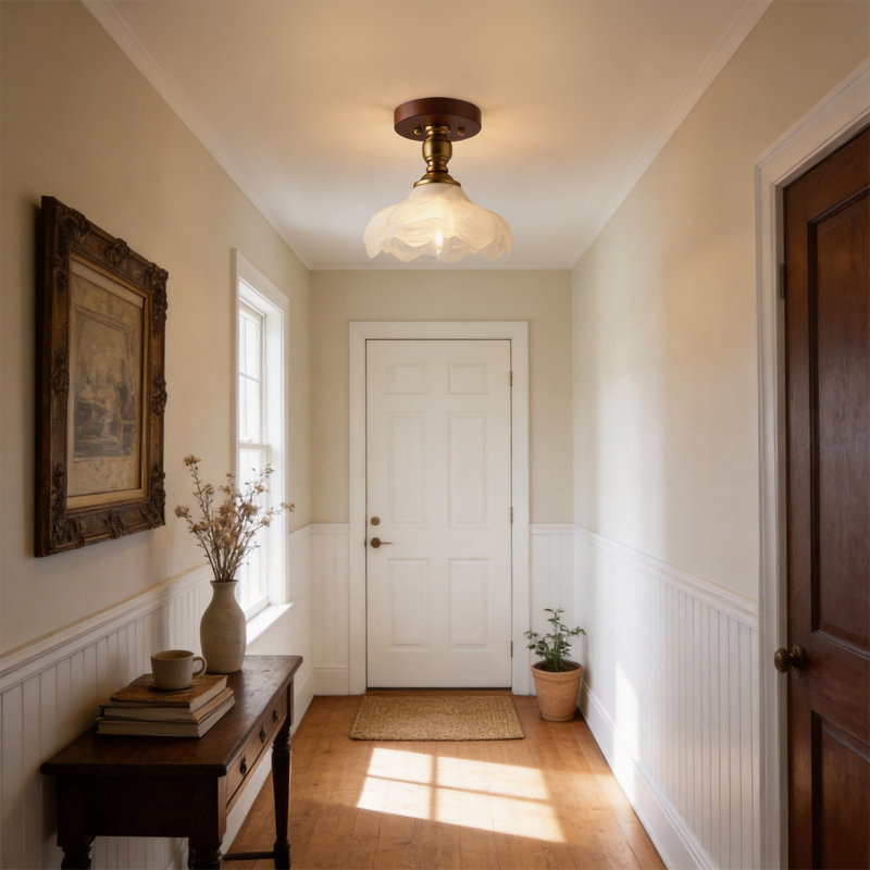 Guynup Vintage Lighting Set: Table Lamp + Wall Sconce + Flush Mount Ceiling Light – Matching Frosted Flower Glass Shades & Wood-Tone Finishes For Whole-Home Elegance