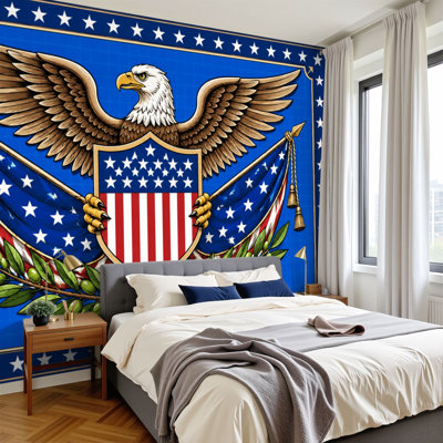 Peel and Stick Wallpaper Wall Mural American Eagle Shield Stars Stripes Olive Branches Blue Wall Art Self Adhesive and Removable