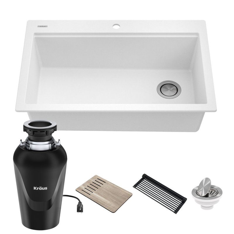 KRAUS Bellucci Workstation 33 in. Single Bowl Kitchen Sink with WasteGuard™ Garbage Disposal, White