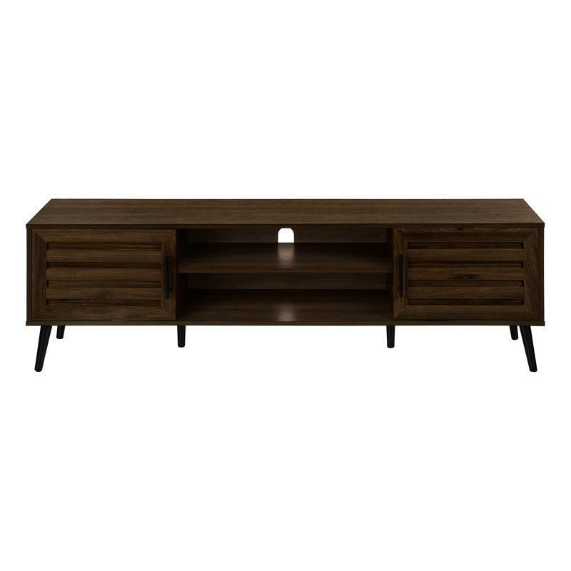 Meuble télé 72 po en brun, surface en stratifié avec pieds en métal et console de rangement pour solution de divertissement, tablettes réglables décoratives brunes