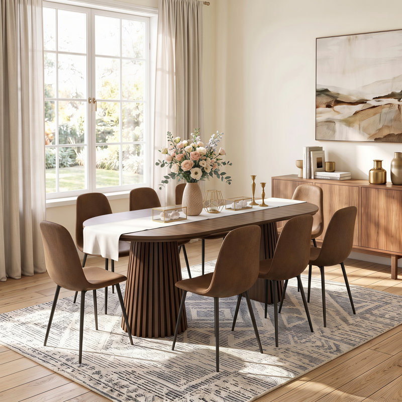 Ensemble de table et de chaises ovales extensibles (39,37" à 70,87") avec dossier haut, Brun, 9 pièces: 8 chaises, table