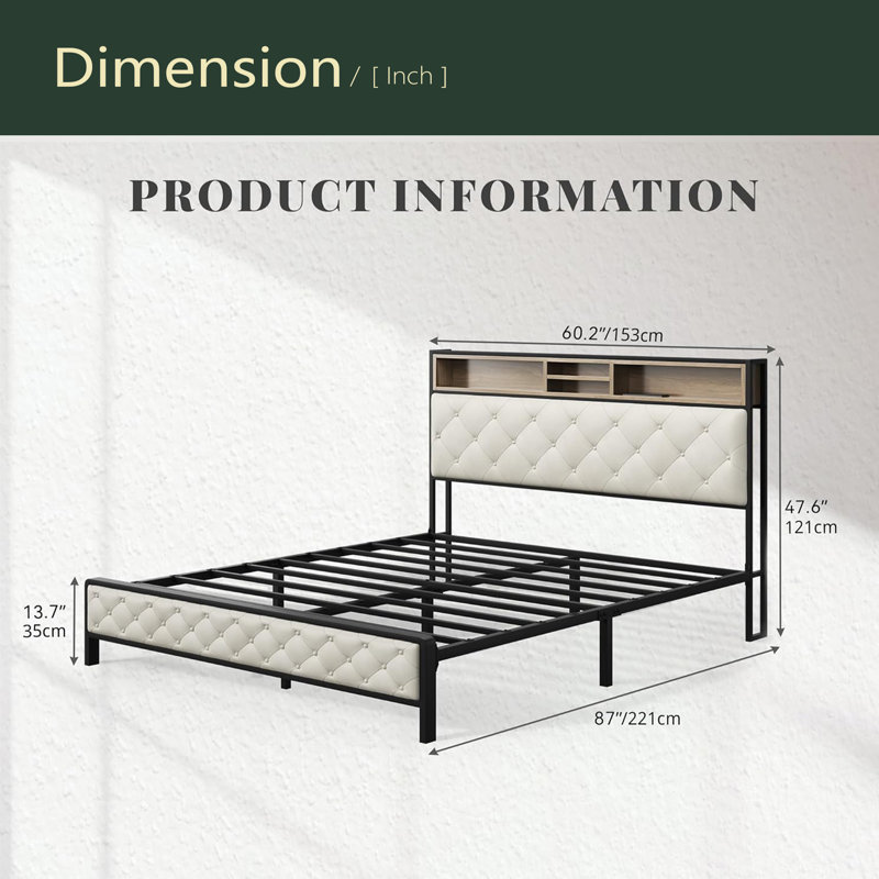 Base de lit plateforme avec station de charge, tête de lit et pied de lit rembourrés avec lattes de métal supportant le sommier, aucun sommier nécessaire