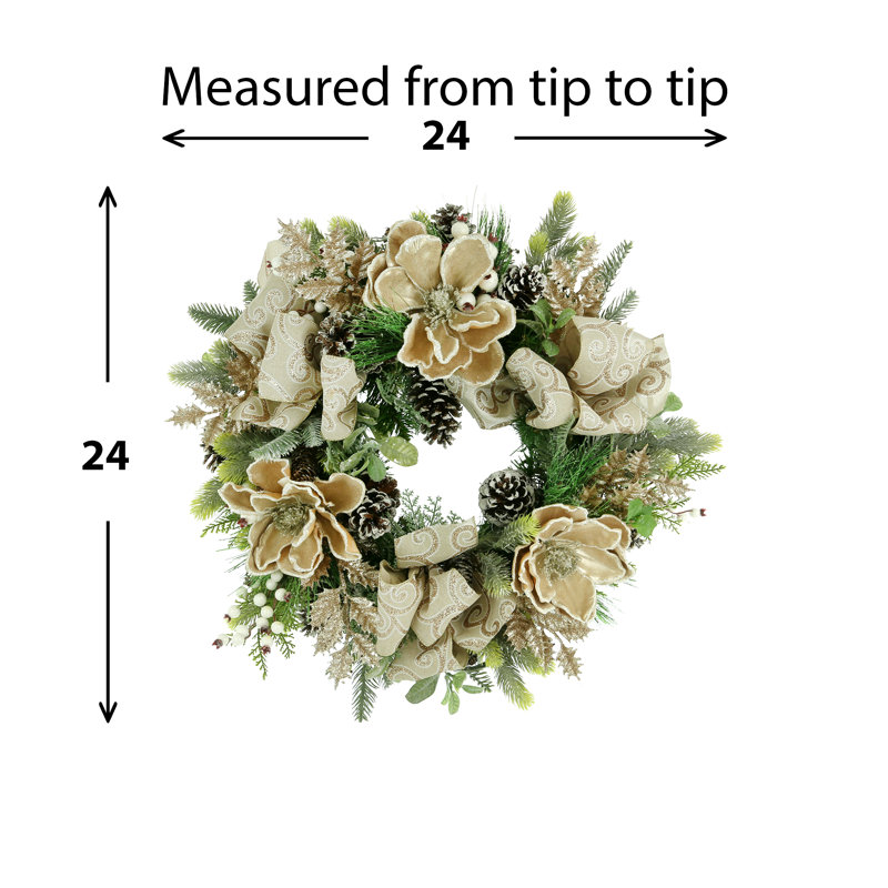 24" Holiday Magnolia Wreath With Bunches Of Pine, Berries And Bows