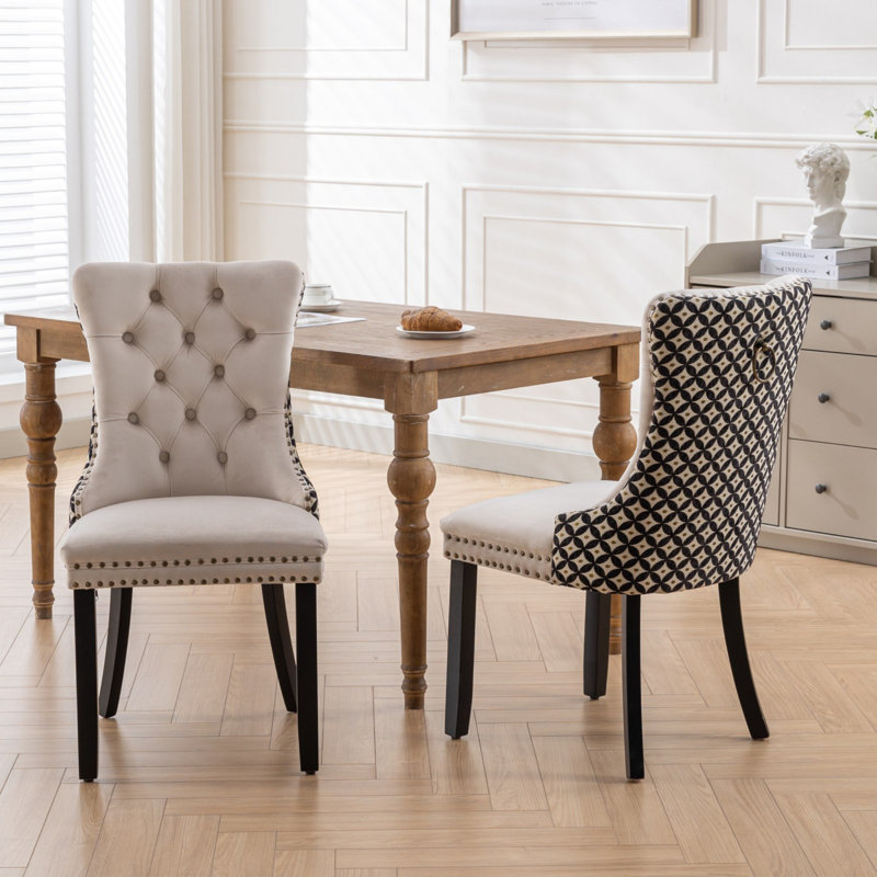Beige Velvet Tufted High-Back Dining Chairs with Wood Legs, Set of 2