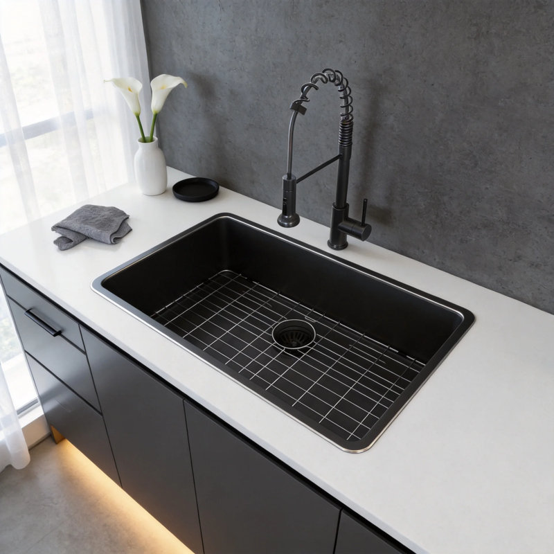 Évier de cuisine encastré de 84 cm (33 po), cuve unique en acier inoxydable T304 de calibre 16, canon de fusil noir, compatible avec un meuble de 91 cm (36 po).