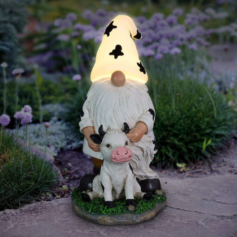 Statue de gnome solaire avec chapeau de vache et veau Exhart, 6,5 par 10 pouces