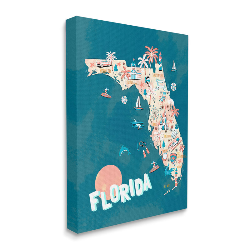 «Florida Sunny State Retro Holiday Holiday Vivid Map Super Surdimensionné», art mural sur toile par Ziwei Li, Toile tendue