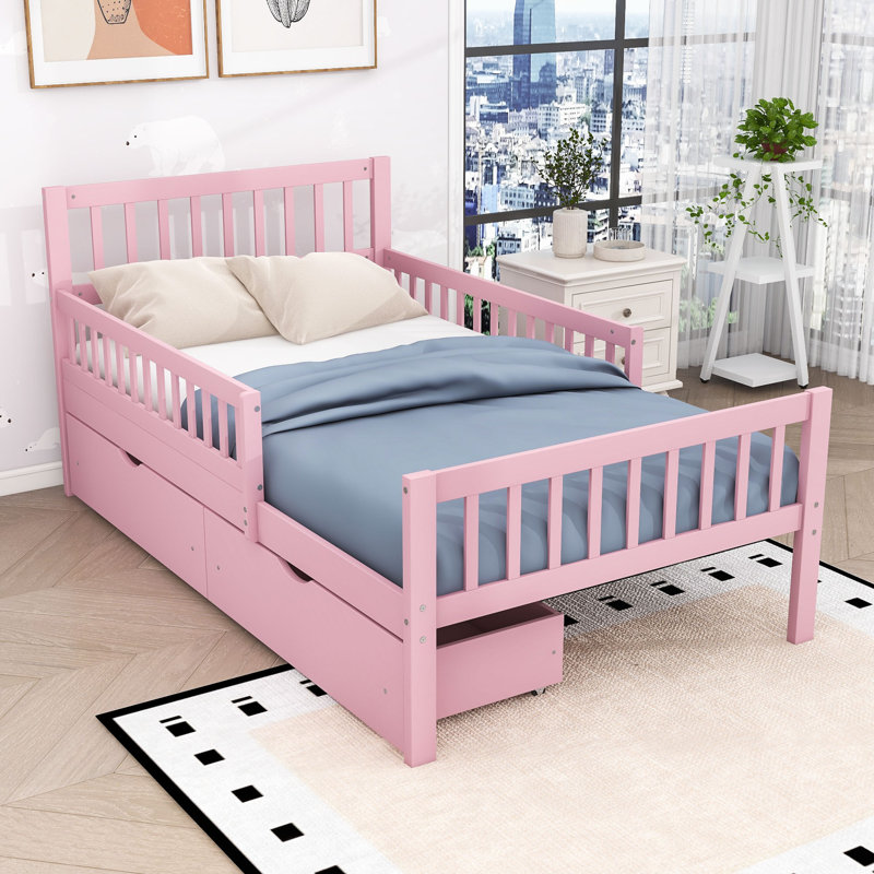 Lit plateforme en bois avec tête de lit, garde-corps et tiroirs de rangement Idahlia, Simple, Rose