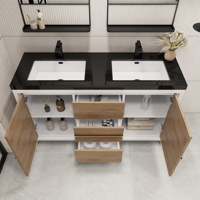 Ensemble de meuble-lavabo double 60 po Bayyinahi, Chêne blanc