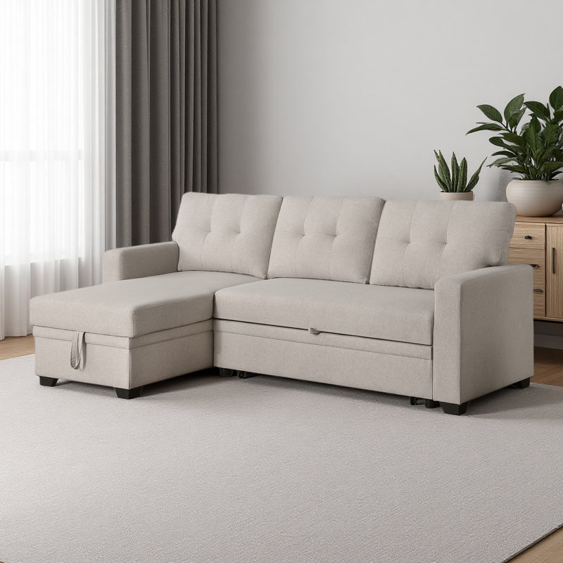 Canapé modulaire convertible rembourré avec méridienne coulissante, Lin beige