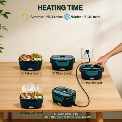 Chauffe-plats électrique vert 90 W pour boîte à lunch, 12 V/24 V/110 V, portable, avec récipient amovible en acier inoxydable 304, idéal pour la voiture, le camion, le bureau et comme cadeau.