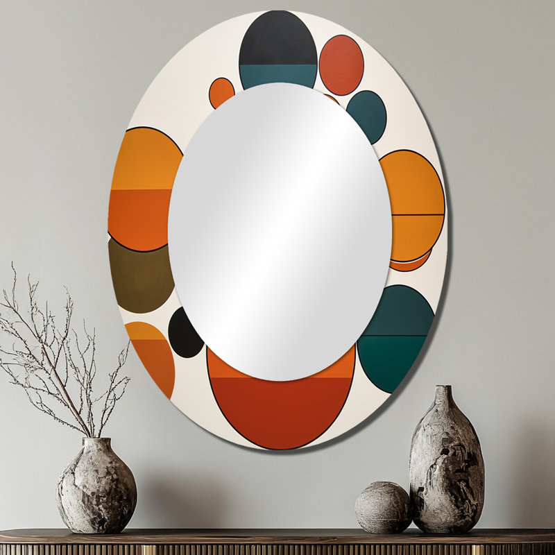 Serendipity rétro abstrait Mid-Century géométrique - grand miroir mural ovale sur métal, 40 po x 30 po
