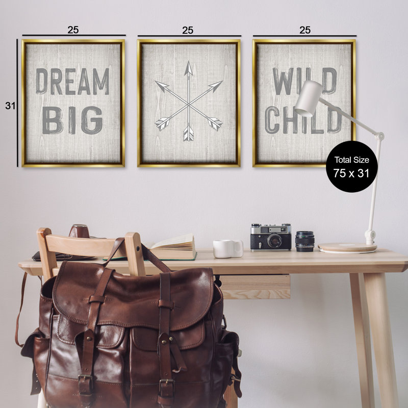  Ensemble de 3 flotteurs Dream Big Boho Arrows encadrés par Ashley Calhoun, H 31 po x l 25 po, Cadre flottant métallique doré
