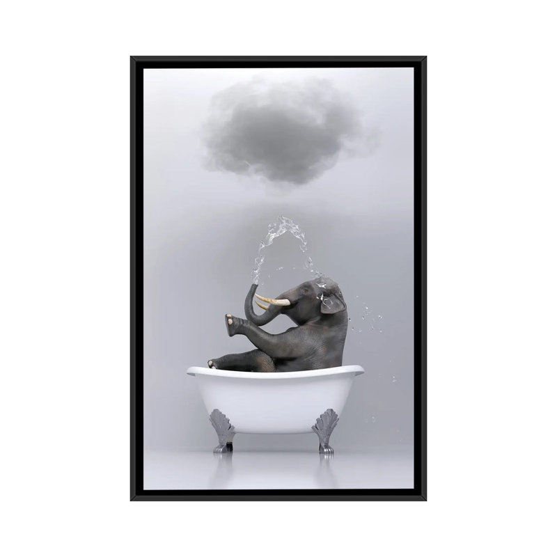 «Elephant Relaxing in the Bath 3» par Mike Kyiv - reproduction d'art, H 48 po x l 32 po x P 1,5 po, Toile avec cadre noir