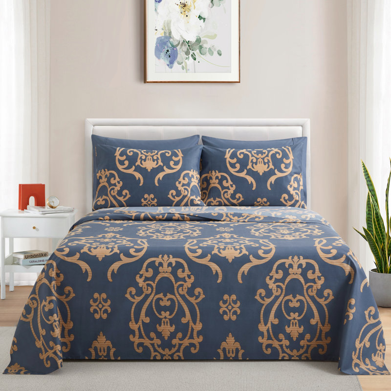 Ensemble de draps en rayonne Marina Marina, Ensemble de draps pour taille de lit grand avec un, Or / bleu marine, Damas