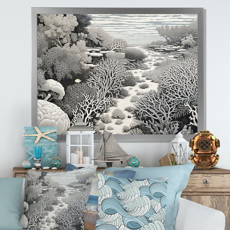 Abstrait corail noir et blanc abstrait - reproduction sur toile, Cadre de coin argenté fermé, H 24 po x l 32 po x P 1 po
