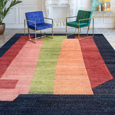 Tapis bleu marine / rouge / vert de haute qualité noué à la main