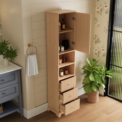 Armoire de rangement haute pour salle de bain avec tiroirs et porte, armoire de rangement étroite étroite autoportante avec tablettes réglables