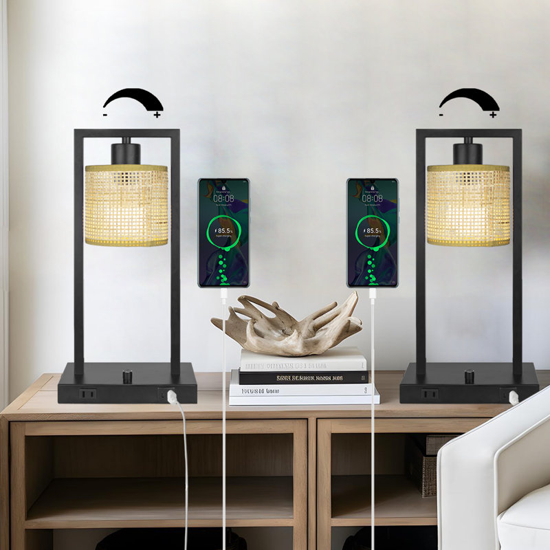Set Of 2 Table Lamp With Rattan Shade For Reading Bedside