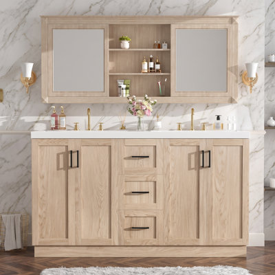59" Modern Wood Grain Double Sink Vanity Set with SMC Sink, 4 Door 3 Drawer MDF Cabinet, Soft Close Hardware & Adjustable Shelves