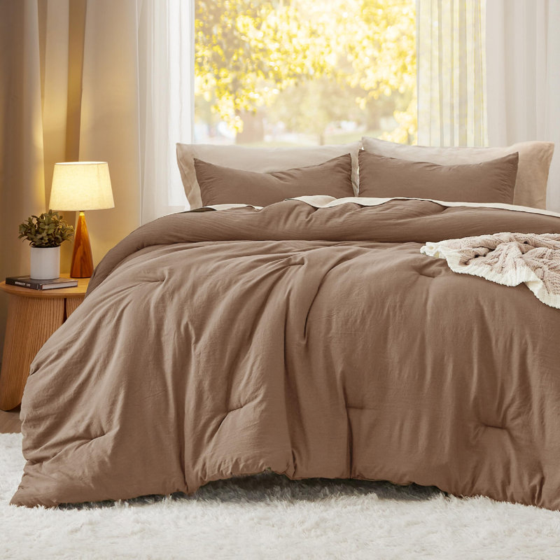 Ensemble d'édredon réversible, Édredon grand + 2 taies d'oreiller standard, Brun