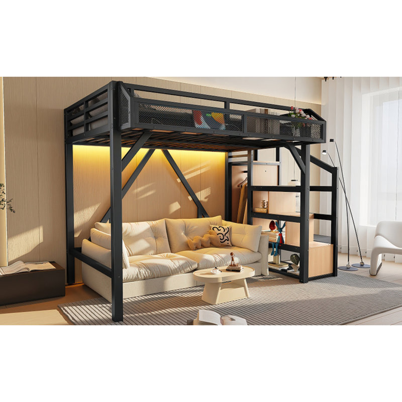 Lit mezzanine simple avec escalier de rangement, tablettes et garde-robe intégrée, cadre de lit mezzanine en métal avec ports USB et lumières DEL, conception à bruit réduit, noir