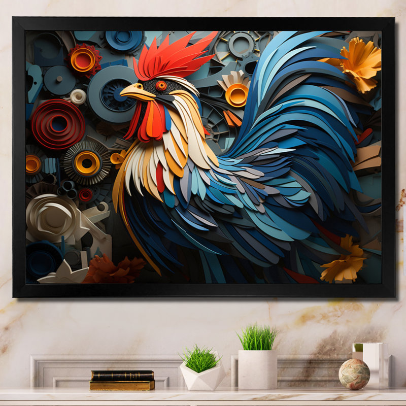 Portrait de coq sur fond géométrique sur toile, Cadre simple noir, H 34 po x l 44 po x P 1,5 po