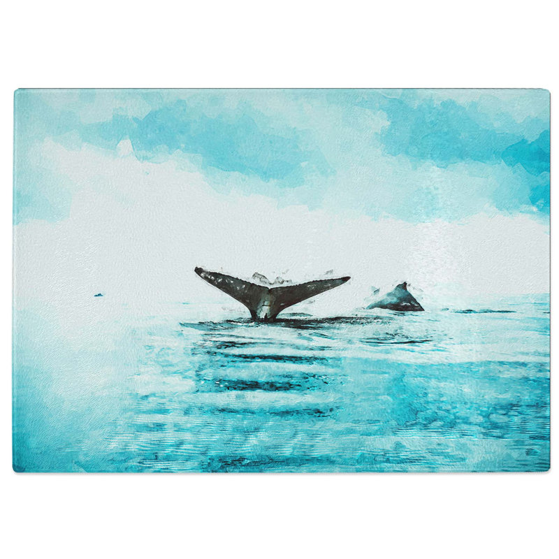 Tempered Glass Two Humpback Whales in Abstract Cutting Board, 28.5 cm W x 20 cm L