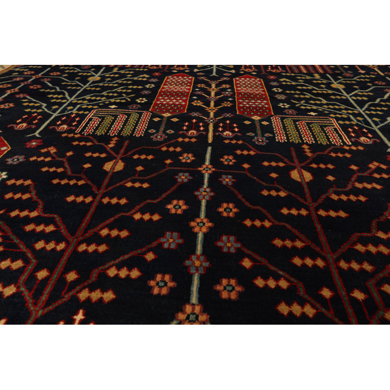 Tapis bleu marine en laine noué à la main de conception unique 7 pi 7 po x 9 pi 10 po Elyette