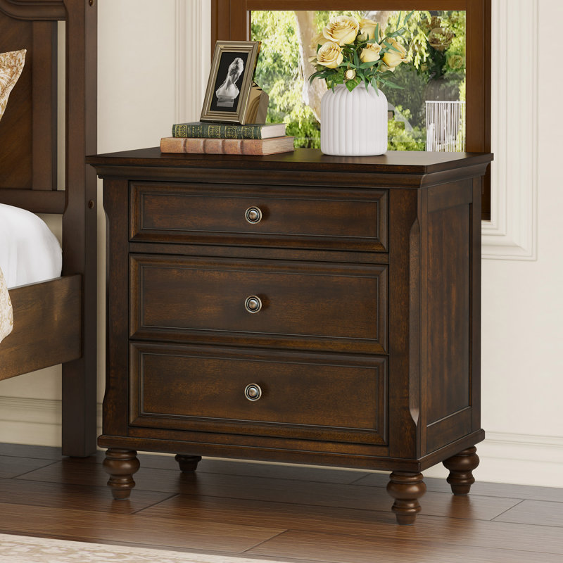 Mid-Century Modern Solid Wood Nightstand 3-Drawers, Dark Walnut