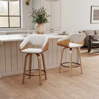 Modern Farmhouse Counter Stool - 360° Swivel & Ring Footrest - Solid Wood Frame - 26" Height Adjustable Stool For Kitchen Island