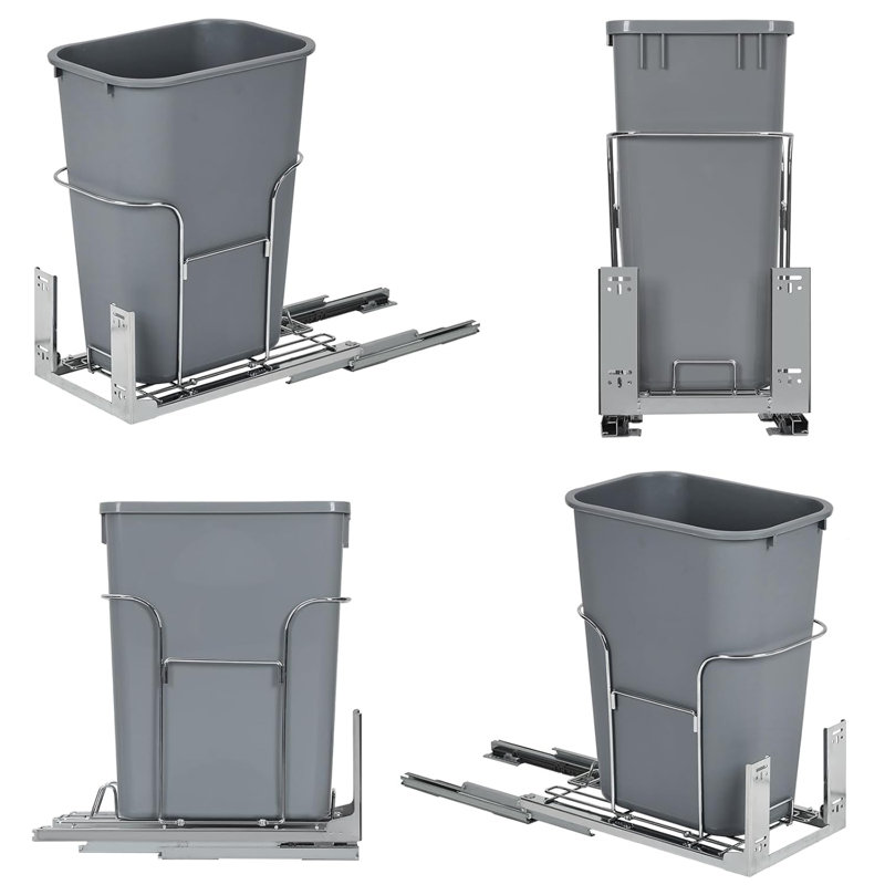 Poubelle et bac de recyclage coulissant avec glissière pleine extension à fermeture en douceur, poubelle en acier inoxydable peu encombrante