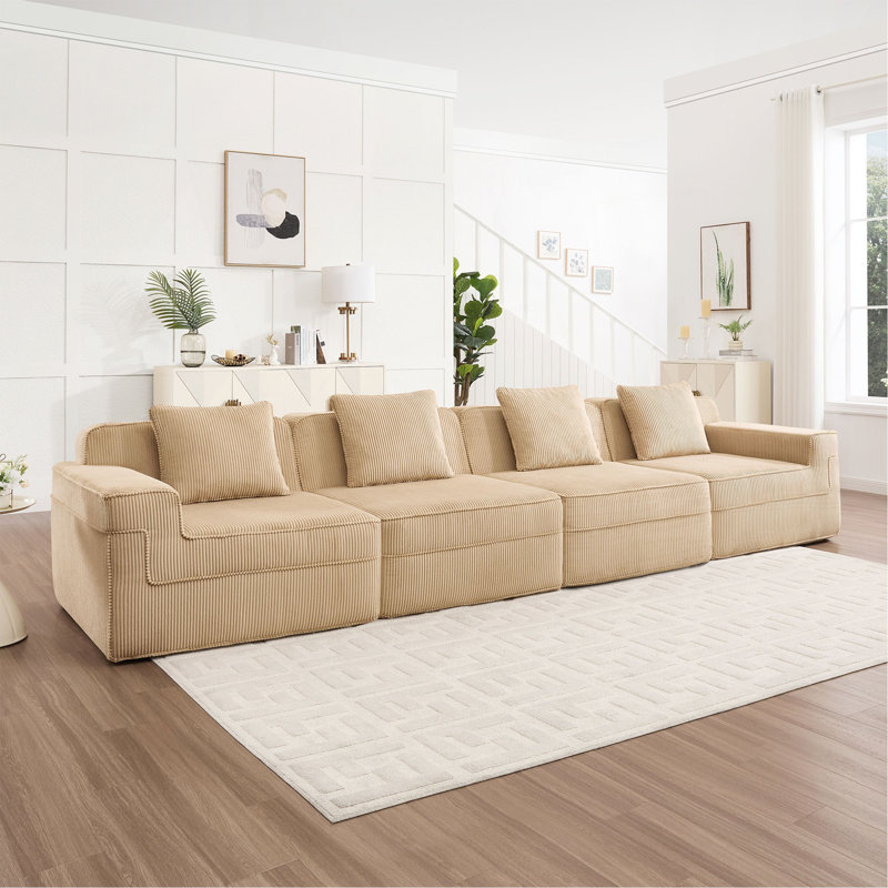 Canapé modulaire sans siège à 4 places, canapé modulaire Cloud avec assise profonde, canapé modulaire moderne à 4 places avec coussins décoratifs Tissu en velours côtelé
