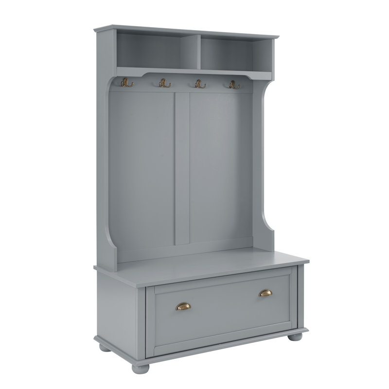 Banc de hall d'entrée de style classique avec tablettes ouvertes et armoires à chaussures, pieds en bois massif, gris, l 40 po x P 18,5 po x H 64,5 po